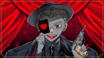  1boy ace_of_hearts black_necktie blonde_hair card coat collared_shirt curtains danganronpa_(series) danganronpa_2:_goodbye_despair earrings fangs formal freckles gun handgun heart holding holding_card holding_gun holding_weapon jewelry korean_commentary kuzuryuu_fuyuhiko male_focus mole mole_under_mouth necktie pistol playing_card portrait psg011204 red_curtains red_eyes shirt solo suit tongue tongue_out weapon 