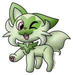  2022 4_legs ambiguous_gender angelthegamer feral fur green_body green_ears green_fur green_hair hair hi_res looking_at_viewer nintendo one_eye_closed open_mouth open_smile pawpads paws pink_pawpads pok&eacute;mon pok&eacute;mon_(species) quadruped raised_paw red_eyes red_nose shaded smile solo sprigatito teeth teeth_showing teeth_visible tongue video_games wink winking_at_viewer 