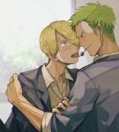  2boys blonde_hair candy earrings food green_hair hair_over_one_eye jewelry lollipop male_focus multiple_boys one_piece roronoa_zoro sanji school_uniform sleeves_rolled_up tongue tongue_out yaoi yashi_vv 