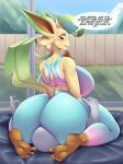  anthro anthrofied blush breasts butt clothed clothing detailed_background eeveelution english_text facesitting female hi_res leafeon looking_back mammal mleonheart nintendo pok&eacute;mon pok&eacute;mon_(species) rear_view text video_games 