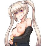  1girl bangs bare_shoulders black_shirt blush breasts bunny_hair_ornament clenched_teeth collarbone commentary_request eyebrows_visible_through_hair hair_ornament highres korean_commentary light_brown_hair long_hair long_sleeves looking_at_viewer maplestory mastgg medium_breasts mole mole_under_eye nipples off_shoulder orchid_(maplestory) parted_lips partially_undressed purple_eyes shirt simple_background solo sweat teeth twintails upper_body white_background 