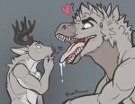  &lt;3 anthro antlers big_tongue bodily_fluids capreoline ceru_(artist) ceruleanraptor cervid digital_media_(artwork) dinosaur dromaeosaurid duo english_text eyebrows feathered_dinosaur feathers fluffy fluffy_hair fur hair horn imminent_vore male male/male mammal mawplay open_mouth profanity reptile saliva scalie sharp_teeth signature simple_background size_difference tan_body tan_fur teeth teeth_showing text theropod thick_eyebrows tongue tongue_out utahraptor vore white-tailed_deer wide_eyed 