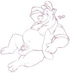 anthro balls baloo bedroom_eyes belly bottomless clothed clothing disney flaccid foreskin genitals hat headgear headwear hi_res male mammal narrowed_eyes navel nipples open_clothing open_shirt open_topwear overweight penis seductive shirt sketch solo talespin tbid topwear ursid 