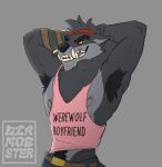  anthro armpit_hair body_hair canid canine canis clothed clothing diamobster digital_media_(artwork) dire_(fortnite) english_text epic_games fortnite fur hair hi_res looking_at_viewer male mammal nipples shirt simple_background smile solo tank_top text text_on_clothing text_on_shirt text_on_tank_top text_on_topwear topwear video_games were werecanid werecanine werewolf wolf 