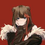 1girl animal_ears arknights bear_ears blue_eyes brown_hair brown_jacket brown_sailor_collar earbuds earphones fur-trimmed_jacket fur_trim hand_up head_rest hi_yuuga highres jacket long_hair looking_at_viewer multicolored_hair neckerchief open_clothes open_jacket red_background red_hair red_neckerchief sailor_collar school_uniform shirt simple_background solo streaked_hair upper_body v-shaped_eyebrows white_shirt zima_(arknights) 