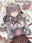  1girl black_ribbon blush bouquet bow braid brown_skirt cham-p closed_eyes closed_mouth collared_shirt danganronpa_(series) danganronpa_2:_goodbye_despair flower glasses hair_ribbon hamster happy_birthday highres jum-p korean_commentary lying nose_bubble on_back pekoyama_peko pleated_skirt psg011204 red_flower red_ribbon ribbon shirt single_braid skirt sleeping sword twin_braids weapon white_bow white_shirt 