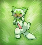  animal_genitalia animal_penis balls blush bodily_fluids canine_penis cum eledensfw erection feral fur genital_fluids genitals green_body green_fur hi_res knot leaking_cum looking_at_viewer lying male nintendo on_back on_grass penis pink_eyes pok&eacute;mon pok&eacute;mon_(species) smile solo spread_legs spreading sprigatito tongue tongue_out video_games 