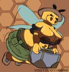  absurd_res anthro arthropod bee belly bertha big_breasts bodily_fluids breasts breath bulging_breasts cute_fangs female grumpy hi_res humanoid hymenopteran insect nipples panting slightly_chubby solo steam sweat vodyanoy vodyanoy1294 