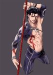  1boy abs biceps blue_hair bodypaint bracelet chest_strap collarbone crescent_necklace cu_chulainn_(fate) cu_chulainn_(fate/stay_night) detached_sleeves earrings fang fate/grand_order fate/stay_night fate_(series) gae_bolg_(fate) grey_background grin holding holding_polearm holding_weapon jewelry long_hair looking_at_viewer male_focus multiple_bracelets muscular muscular_male nipples official_alternate_costume pants pectorals polearm red_eyes short_hair signature simple_background skin_tight smile solo spiked_hair weapon yococco 