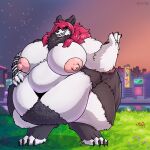 anthro belly belly_hair big_belly big_breasts big_feet body_hair breasts canid canine canis cel_shading city city_background claws digitigrade fangs feet female field flower fluffy fur grass grey_body grey_fur hair hand_on_stomach hi_res long_hair mammal morbidly_obese morbidly_obese_anthro narrowed_eyes navel neck_tuft neon_lights nipples obese obese_anthro overweight overweight_anthro paws plant raised_arm red_eyes red_hair reflection river shaded sign skyscraper smile solo star sunset sv3n teeth thick_tail thick_thighs tuft watermark white_body white_fur wolf 