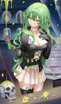  1girl alchemist bangs black_gloves breasts cleavage closed_mouth elbow_gloves gloves green_eyes green_hair hand_on_own_chest highres large_breasts liquid lloule long_hair original pleated_skirt skirt skull thighs white_skirt 