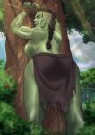  absurd_res breasts butt clothed clothing digital_media_(artwork) ear_piercing female forest forest_background hair hi_res humanoid looking_at_viewer muscular muscular_female nature nature_background nipples not_furry nude orc piercing plant scar simple_background solo tattoo tree zanzagen 