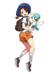  1girl backpack bag bangs blue_eyes blue_headwear braid bright_pupils brown_eyes brown_hair collared_shirt female_protagonist_(pokemon_sv) genzoman hat highres holding long_hair looking_at_viewer necktie open_mouth orange_necktie orange_shorts pokemon pokemon_(creature) pokemon_(game) pokemon_sv quaxly shirt shoes short_sleeves shorts simple_background single_braid smile striped striped_shorts tongue vertical-striped_shorts vertical_stripes white_pupils 