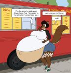  2022 anthro belly big_belly big_breasts bottomwear breasts brown_body butt canid canine canis clothing commercial_vehicle coyote delivery_(commerce) delivery_vehicle digital_media_(artwork) english_text female food_truck footwear fur green_eyes hand_on_stomach hi_res huge_breasts hyper hyper_belly hyper_pregnancy josie_(rockytheowl) long_sleeves mammal markings medium_truck menu multi-stop_van multicolored_body multicolored_fur navel open_mouth outie_navel plant pregnant road satsumalord shirt shoes shorts sidewalk sky sneakers solo speech_bubble text thick_thighs tire topwear tree truck truck_(vehicle) two_tone_body two_tone_fur van vehicle wheel wide_hips 