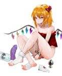  1girl absurdres anal anal_object_insertion armpit_crease bangs blush bottomless bow breasts butt_plug collarbone crexby crossed_legs crystal cuffs dildo feet flandre_scarlet frilled_legwear full_body hair_bow handcuffs highres knee_up legs looking_at_viewer medium_hair object_insertion orange_hair panties panties_removed pointy_ears pout red_eyes red_shirt sex_toy shiny shiny_skin shirt sitting sleeveless sleeveless_shirt small_breasts smug socks soles solo sweat syringe thighs toeless_legwear toes torn_clothes torn_legwear touhou underwear white_background white_legwear white_panties wings 