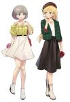  2girls bag bare_legs bare_shoulders beret blonde_hair blouse blue_eyes bow box brown_headwear brown_skirt commentary_request earrings green_eyes green_jacket grey_hair hand_on_own_chest handbag hat heanna_sumire heart-shaped_box high-waist_skirt high_heels jacket jewelry kisetsu long_hair love_live! love_live!_superstar!! multicolored_hair multiple_girls necklace off-shoulder_shirt off_shoulder open_mouth pink_bow pink_hair plaid plaid_jacket red_bow shirt short_hair short_sleeves simple_background skirt smile streaked_hair stud_earrings tang_keke valentine white_background white_footwear white_shirt white_skirt yellow_blouse yuri 