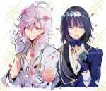  2boys absurdres anger_vein antenna_hair bangs black_hair blue_eyes blue_gloves blue_jacket braid clenched_teeth cropped_torso eyebrows_visible_through_hair fate/grand_order fate_(series) flower gloves grin hair_between_eyes hair_over_shoulder highres holding holding_flower jacket long_sleeves looking_at_viewer looking_away looking_to_the_side merlin_(fate) mouth_hold multiple_boys oberon_(fate) one_eye_closed petals pink_flower pink_rose purple_hair rose shirt signature simple_background single_braid smile sofra sparkle teeth twitter_username upper_body white_background white_shirt 