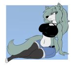  anthro bedroom_eyes bottomwear canid canine canis clothing female harriet_(harry_amoros) harry_amor&oacute;s leggings legwear mammal narrowed_eyes navel pinup pose seductive shorts sitting solo wolf 