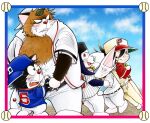  2022 anthro ball baseball_(ball) baseball_(sport) baseball_cap baseball_uniform black_body blush bottomwear brown_body brown_fur canid canine clothed clothing domestic_cat dorabase doraemon felid feline felis fur group hat headgear headwear hi_res kemono kuroemon leaf male mammal open_clothing open_shirt open_topwear overweight overweight_male pants pokoemon_(character) raccoon_dog red_nose shimo_mi_0503 shirt sport sportswear tanuki topwear uniform 