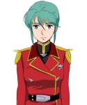  1girl belt blue_eyes blue_hair breasts char&#039;s_counterattack closed_mouth expressionless gundam kei-co looking_at_viewer lowres military military_uniform quess_paraya simple_background solo uniform white_background 