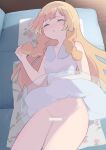  1girl bangs bar_censor bare_arms blonde_hair blush braid censored closed_eyes collarbone commentary_request couch dress eyelashes floral_print from_above hand_up indoors lillie_(pokemon) long_hair lying no_panties on_back on_couch parted_lips pokemon pokemon_(game) pokemon_sm pubic_hair samidareura sleeping sleeveless sleeveless_dress solo twin_braids 
