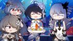  4girls :d bare_shoulders black_gloves black_hair bob_cut bronya_zaychik bronya_zaychik_(haxxor_bunny) brown_hair cake china_dress chinese_clothes closed_eyes closed_mouth dress drill_hair earrings flower food fu_hua fu_hua_(herrscher_of_sentience) gloves grey_hair hair_flower hair_ornament highres holding holding_food honkai_(series) honkai_impact_3rd jewelry liumang_tu_shua_p_zhan long_hair multiple_girls open_mouth purple_eyes red_eyes rita_rossweisse rita_rossweisse_(artemis) saliva seele_vollerei seele_vollerei_(stygian_nymph) shiny short_hair sleeveless sleeveless_dress smile surprised twin_drills white_dress white_flower 