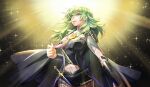  1girl :d armor bangs belt black_armor black_background black_belt black_coat black_shirt black_shorts breasts brown_legwear byleth_(fire_emblem) byleth_(fire_emblem)_(female) clothing_cutout coat commentary_request cowboy_shot dagger enlightened_byleth_(female) eyebrows_visible_through_hair fire_emblem fire_emblem:_three_houses green_eyes green_hair hair_between_eyes highres knife large_breasts light_particles light_rays looking_up medium_hair navel navel_cutout pantyhose partial_commentary patterned_clothing sheath sheathed shinonome_riko shirt short_shorts shorts sidelocks smile solo sparkle standing tassel twitter_username vambraces weapon 