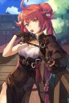 1girl ahoge black_gloves breasts candy china_dress chinese_clothes commission cowboy_shot double_bun dress eyebrows_visible_through_hair food girls&#039;_frontline gloves lollipop long_hair looking_at_viewer medium_breasts mp7_(girls&#039;_frontline) niac pelvic_curtain red_hair solo very_long_hair 