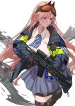  1girl assault_rifle bangs black_legwear blue_jacket blue_skirt breasts brown_gloves closed_mouth earrings eyebrows_visible_through_hair eyewear_on_head feet_out_of_frame girls&#039;_frontline gloves gun hair_ornament hairclip heart heart_earrings highres holding holding_gun holding_weapon jacket jewelry large_breasts lips long_hair looking_away mole mole_under_eye neck_tattoo open_clothes open_jacket pink_hair police police_uniform policewoman purple_eyes rifle safety_glasses serious shirt sig_mcx_(girls&#039;_frontline) sig_sauer sig_sauer_mcx simple_background skirt smoke solo standing tattoo thighhighs uniform vermilli000n walkie-talkie weapon white_background white_shirt 