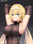  1girl absurdres armpits arms_behind_head artist_name black_background black_gloves blush bodystocking breasts commission elbow_gloves eyebrows_visible_through_hair gloves hairband highres large_breasts long_hair mitsuba_greyvalley parted_lips sideboob skin_tight smile solo super_robot_wars super_robot_wars_30 sweat twomoon upper_body white_hairband 