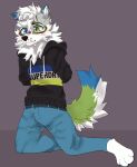  anthro arms_tied blue_body blue_fur blush bodily_fluids bottomwear bound canid canine canis clenched_teeth clothing denim denim_clothing domestic_dog fur green_body green_fur hands_behind_back heterochromia hi_res hoodie husky jeans male mammal nordic_sled_dog omorashi pants paws piercing simple_background solo spitz superdry sweat teeth topwear werewuffer white_body white_fur worried worried_look zelenyy 