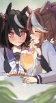  2girls animal_ears black_hair blush bow bowtie brown_hair closed_eyes closed_mouth commentary_request crazy_straw cup drinking_glass drinking_straw embarrassed eyebrows_visible_through_hair flying_sweatdrops hair_bow heart heart_straw highres horse_ears kitasan_black_(umamusume) long_hair long_sleeves multicolored_hair multiple_girls noyama_(noyama8888) orange_bow pink_bow ponytail purple_sailor_collar purple_shirt red_eyes sailor_collar school_uniform shared_drink shirt smile streaked_hair tokai_teio_(umamusume) tracen_school_uniform umamusume white_bow white_bowtie white_hair wine_glass yuri 