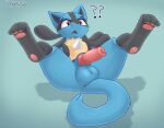  2022 3_toes ? animal_genitalia animal_penis anthro anus balls black_body blue_body canine_penis coffeefly english_text erection feet genitals grey_background hi_res knot lucario lying male nintendo nude on_back open_mouth pawpads penis pok&eacute;mon pok&eacute;mon_(species) shaded sheath signature simple_background solo spikes spikes_(anatomy) spread_legs spreading text toes video_games 