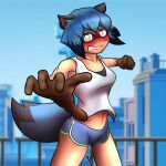  absurd_res alternate_version_at_source angry anthro blush bottomwear bra brand_new_animal canid canine clothing demenmenabung female hi_res looking_at_viewer mammal michiru_kagemori outside pants raccoon_dog shirt slim solo sports_bra studio_trigger tank_top tanuki topwear underwear 