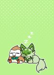  2_toes 3_toes absurd_res ambiguous_gender avian beak bird dotted_background duo eyes_closed feet felid feline feral green_background green_body hi_res kangwolf mammal nintendo pattern_background pok&eacute;mon pok&eacute;mon_(species) rowlet simple_background sitting sleeping smile sound_effects sprigatito toes video_games zzz 