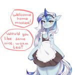  absurd_res ambiguous_gender anthro blue_hair blue_horn blue_tail blush clothed clothing crossdressing dialogue equid equine eyelashes fan_character grey_body hair hasbro hi_res horn maid_apron maid_headdress maid_uniform male_(lore) mammal multicolored_hair multicolored_tail my_little_pony reesoochan saphir_glitzern simple_background smile smiling_at_viewer solo unicorn uniform white_background white_hair white_tail yellow_eyes 