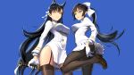  2girls absurdres amigo_(hua_cao) animal_ears atago_(azur_lane) azur_lane bangs blue_background bow breasts brown_footwear brown_legwear closed_mouth dress fox_ears hair_bow highres holding holding_sword holding_weapon katana large_breasts leg_up long_hair long_sleeves looking_at_viewer military military_uniform multiple_girls open_mouth outdoors pantyhose ponytail shoes simple_background sky smile sword takao_(azur_lane) thighhighs uniform weapon white_dress yellow_eyes 