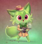  1other :3 animal_ears animal_nose barefoot body_fur bow bowtie brown_coat brown_headwear cat_ears chibi coat commentary drum_magazine english_commentary fangs fedora fox_tail full_body furry gradient gradient_background green_background green_bow green_bowtie green_fur gun happy hat holding holding_gun holding_weapon legs_apart long_sleeves magazine_(weapon) open_mouth other_focus pokemon pokemon_(creature) red_background red_eyes shell_casing shirt simple_background smile smoke smoking_gun solo sprigatito standing submachine_gun tail thompson_submachine_gun tracy_butler trench_coat two-tone_background two-tone_fur watermark weapon web_address white_shirt 