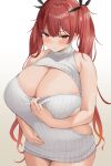  1girl :o absurdres azur_lane bare_shoulders blush breasts cleavage clothes_pull clothing_cutout cowboy_shot dress eyebrows_visible_through_hair from_above gradient gradient_background highres honolulu_(azur_lane) huge_breasts looking_at_viewer meme_attire neneneji plump red_eyes red_hair ribbed_sweater simple_background solo sweater sweater_dress sweater_pull turtleneck turtleneck_sweater twintails upturned_eyes virgin_killer_sweater white_sweater 