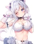  1girl animal_ear_fluff animal_ears animal_hands apron arm_garter bangs banned_artist black_choker blue_eyes blush bra breasts cat_ears cat_girl cat_tail choker cleavage commentary eyebrows_visible_through_hair gloves grey_skirt highres konomi_(kino_konomi) large_breasts long_hair looking_at_viewer one_eye_closed original parted_lips paw_gloves paw_pose silver_hair simple_background skirt solo stomach tail underwear upper_body waist_apron white_background white_bra 