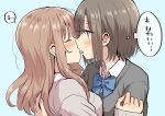  2girls bangs betock black_sweater blue_bow bow brown_hair closed_eyes commentary_request eyebrows_visible_through_hair french_kiss from_side half-closed_eyes highres kiss long_hair multiple_girls original pink_sweater short_hair speech_bubble sweater thought_bubble tongue tongue_out translated yuri 