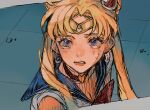  1girl bishoujo_senshi_sailor_moon blonde_hair blue_sailor_collar circlet commentary_request crying earrings jewelry long_hair looking_at_viewer meme parted_lips partial_commentary purple_eyes sailor_collar sailor_moon sailor_moon_redraw_challenge_(meme) shirt sleeveless sleeveless_shirt solo tears tsukino_usagi twintails upper_body white_shirt yudoufu_(yudouhu_1212) 