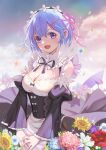  1girl :d absurdres bangs bare_shoulders black_dress black_ribbon blue_eyes blue_hair blush breasts cleavage commentary_request detached_sleeves dress flower frills hair_ornament hair_over_one_eye hair_ribbon haitu highres juliet_sleeves large_breasts long_sleeves looking_at_viewer maid maid_headdress medium_breasts open_mouth outdoors own_hands_together petals pink_ribbon puffy_sleeves re:zero_kara_hajimeru_isekai_seikatsu rem_(re:zero) revision ribbon roswaal_mansion_maid_uniform shiny short_hair sky smile solo white_flower x_hair_ornament yellow_flower 