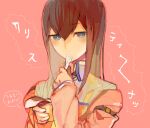  bangs blue_eyes commentary_request dress_shirt eating food holding jacket kitaya long_hair looking_at_viewer makise_kurisu necktie pink_background portrait pudding red_hair red_neckwear shirt simple_background steins;gate translation_request utensil_in_mouth white_shirt 