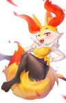  1girl absurdres animal_ear_fluff animal_ears animal_feet animal_hands animal_nose armpits between_legs black_fur blush body_fur braixen breasts claws commentary english_commentary fang fox_ears fox_girl fox_tail fur_collar furry furry_female half-closed_eyes hand_up happy highres index_finger_raised lifted_by_self looking_at_viewer medium_breasts mixed-language_commentary momikacha open_mouth pawpads pokemon pokemon_(creature) red_eyes simple_background smile snout solo tail tail_between_legs teeth thick_thighs thighs white_background white_fur yellow_fur 