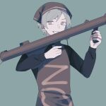  1boy bandana black_shirt flamethrower grey_eyes grey_hair highres holding holding_weapon looking_to_the_side male_focus nabob necktie pale_skin roland_(toh) shirt short_hair smile solo tower_of_hanoi weapon 