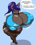  2020 angstrom anthro big_breasts biped blue_background blue_eyes blue_hair blue_sclera breast_jiggle breasts clothed clothing domestic_cat english_text felid feline felis female hair hi_res huge_breasts hyper hyper_breasts jiggling legwear looking_at_own_breasts looking_at_self mammal nipple_outline open_mouth short_stack simple_background skimpy solo squish talking_to_self text thigh_highs thigh_squish valerie_bell 