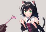  1girl 1other ^^^ afterimage animal_ear_fluff animal_ears bangs bare_shoulders black_hair black_sleeves blush bow breasts cat_ears cat_girl cat_tail cat_teaser detached_sleeves eyebrows_visible_through_hair green_eyes grey_background hair_between_eyes hair_bow holding karyl_(princess_connect!) long_hair long_sleeves looking_at_viewer low_twintails multicolored_hair open_mouth princess_connect! purple_bow shirt simple_background sleeveless sleeveless_shirt small_breasts streaked_hair sweat tail tamariyazuna twintails v-shaped_eyebrows very_long_hair wavy_mouth white_hair white_shirt wide_sleeves 