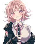  1girl bangs black_jacket blunt_bangs blush bong_(0u0bon) breasts brown_hair collared_shirt danganronpa_(series) danganronpa_2:_goodbye_despair flipped_hair galaga grin hair_ornament highres hood hood_down jacket large_breasts long_sleeves medium_hair nanami_chiaki neck_ribbon off_shoulder open_clothes open_jacket pink_eyes pink_nails pink_ribbon ribbon shiny shiny_hair shirt smile solo teeth two-tone_shirt upper_body 