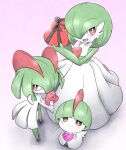  blush colored_skin commentary_request flat_chest gardevoir green_hair hair_over_one_eye highres holding kashiwa_(3920kashiwa) kirlia looking_at_viewer multicolored_skin open_mouth pokemon pokemon_(creature) ralts red_eyes simple_background smile standing two-tone_skin valentine white_background white_skin 